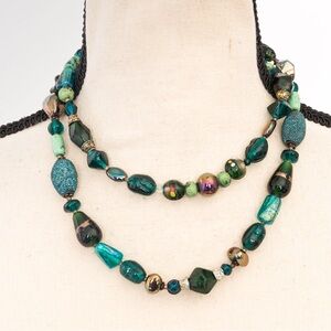 Glass bead 2 strand necklace shades of green with metallics choker necklace